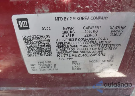 2024 Chevrolet Trax Fwd Sp from USA, damaged, VIN KL77LFE25RC245694